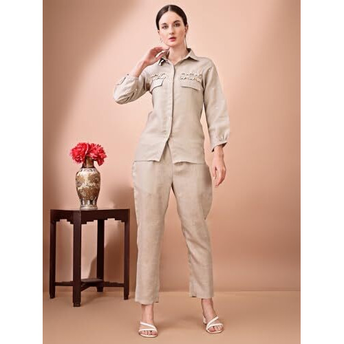 Womanista Women's Linen Solid Regular Shellwork Co-Ord Set 9117_Beige