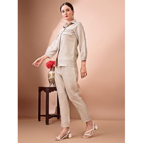 Womanista Women's Linen Solid Regular Shellwork Co-Ord Set 9117_Beige