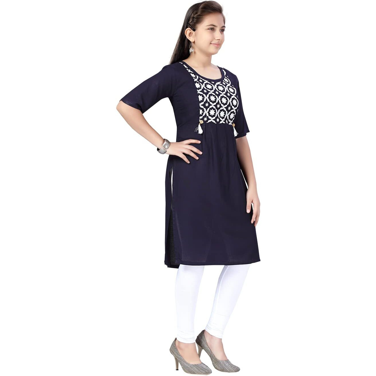 Aarika Girl's Cotton Regular Tunic Shirt (Kurti-H-6_Navy Blue_34)
