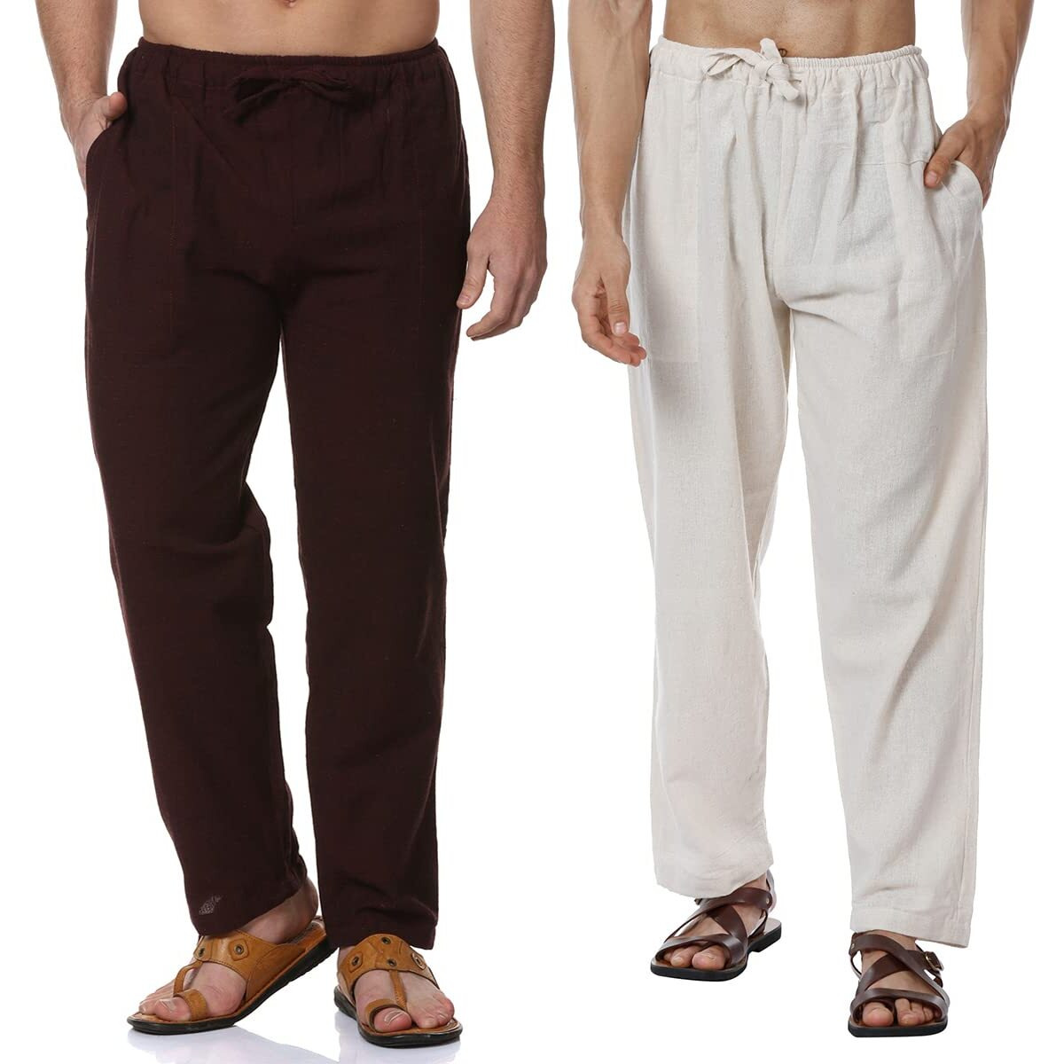 Digital Shopee Men's Eco-Friendly Cotton Pyjama Pack Of 2 | Cream + Maroon | 32-40Inches