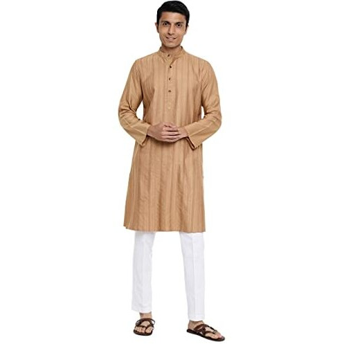 Fabindia Men Viscose Silk Chinese Collar Long Kurta Gold_Xl