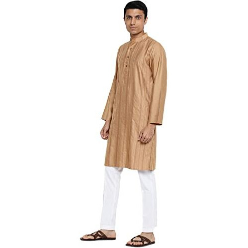 Fabindia Men Viscose Silk Chinese Collar Long Kurta Gold_Xl