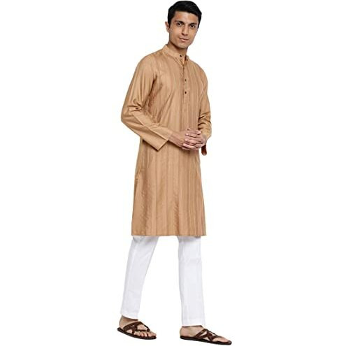 Fabindia Men Viscose Silk Chinese Collar Long Kurta Gold_Xl