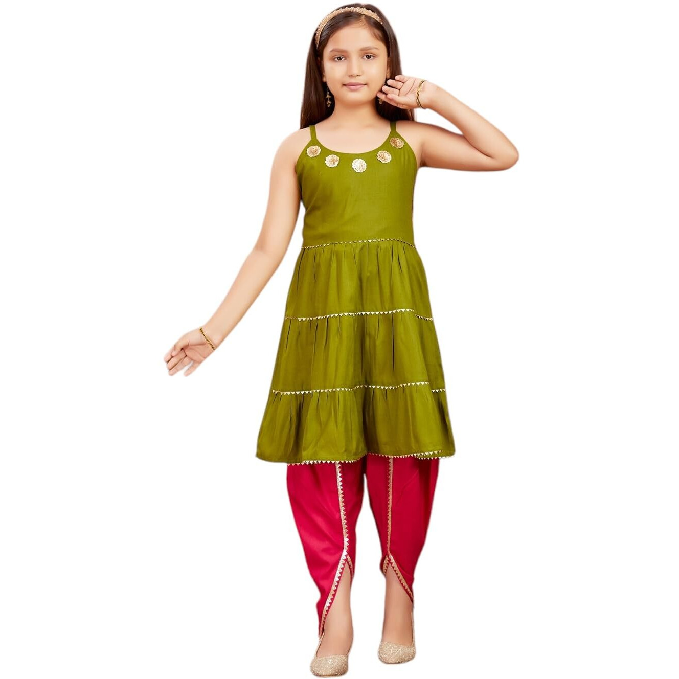 Aarika Girls Ethnic Wear Mehendi Colour Sequins With Gota Lace Work Rayon Dhoti Kurta Set (5-11 Years)