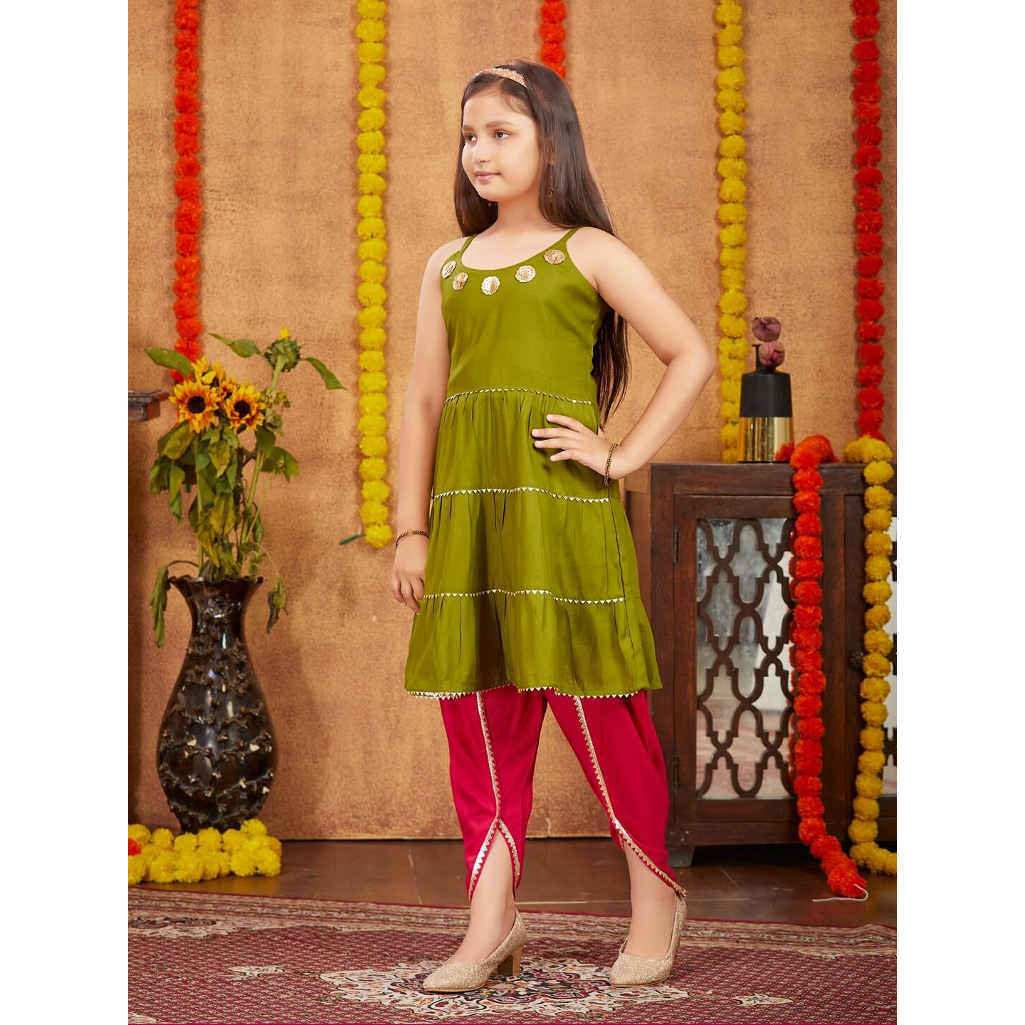 Aarika Girls Ethnic Wear Mehendi Colour Sequins With Gota Lace Work Rayon Dhoti Kurta Set (5-11 Years)