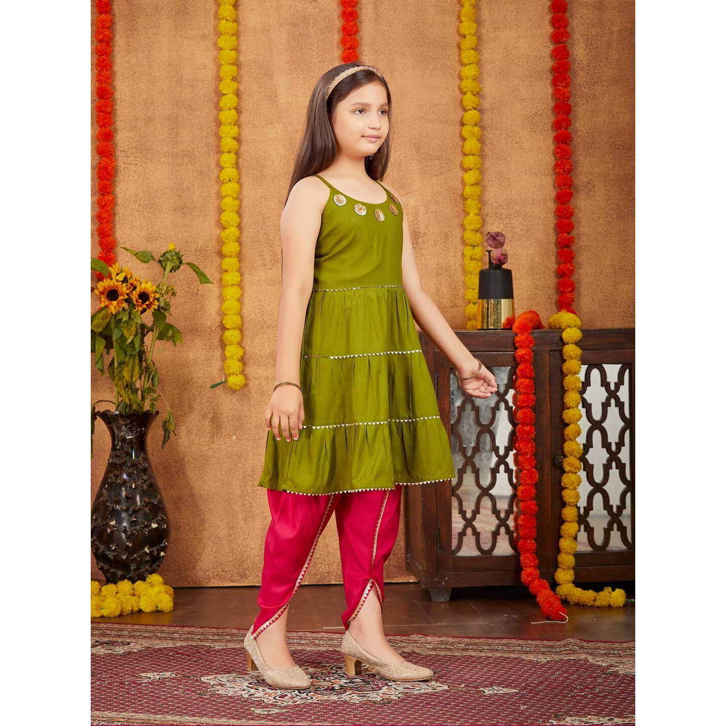 Aarika Girls Ethnic Wear Mehendi Colour Sequins With Gota Lace Work Rayon Dhoti Kurta Set (5-11 Years)