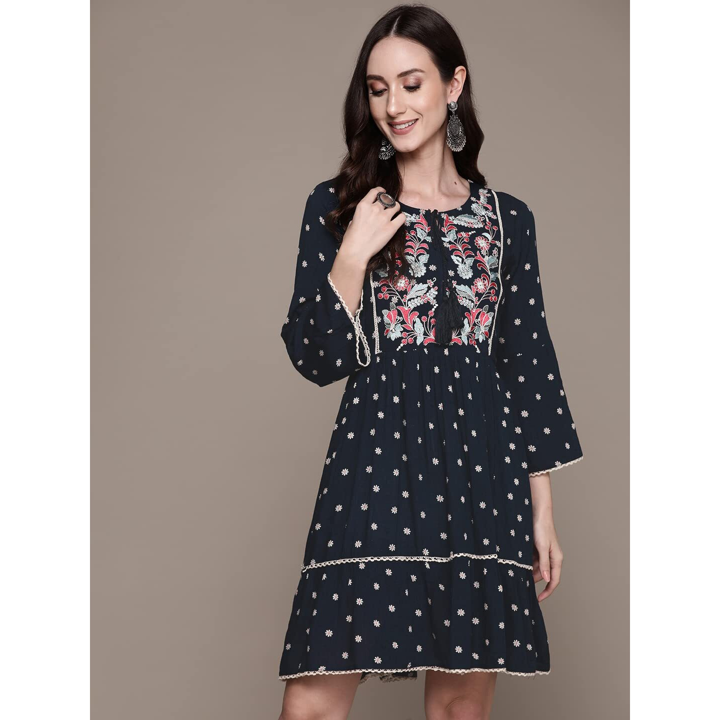 Anubhutee Women's Georgette Navy Blue Thread Work Embroidered A-Line Indo Western Dress