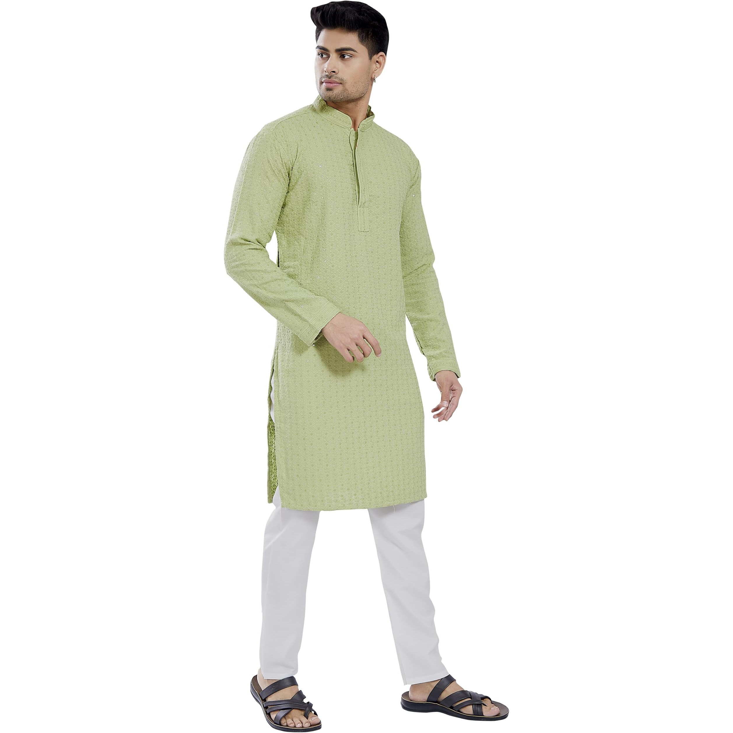 Divisive Men's Sequince Embroidered Cotton Blend Only Slim Fit Kurta (Dkrt516_L_Pista)