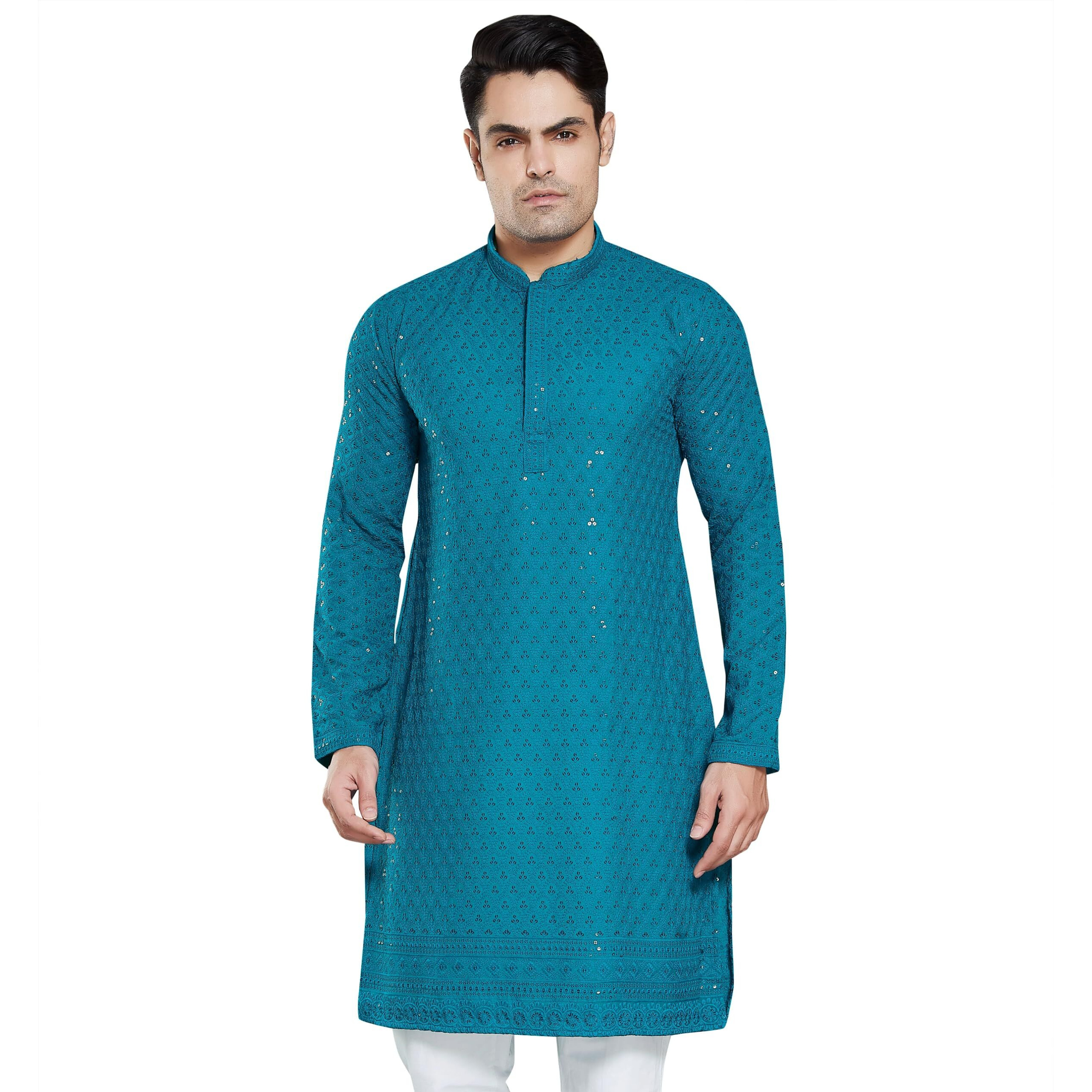 Divisive Men's Sequince Embroidered Cotton Blend Only Kurta (Dkrt7_M_Turquoise)