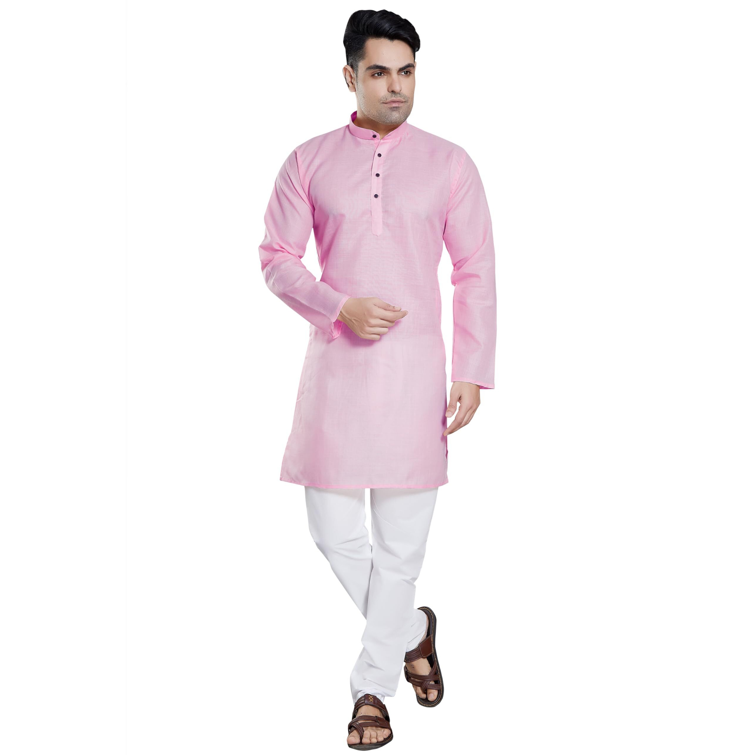 Divisive Men's Plain Cotton Blend Linen Slim Fit Kurta Pyjama Set (Dkrt64_M_Bright Pink)