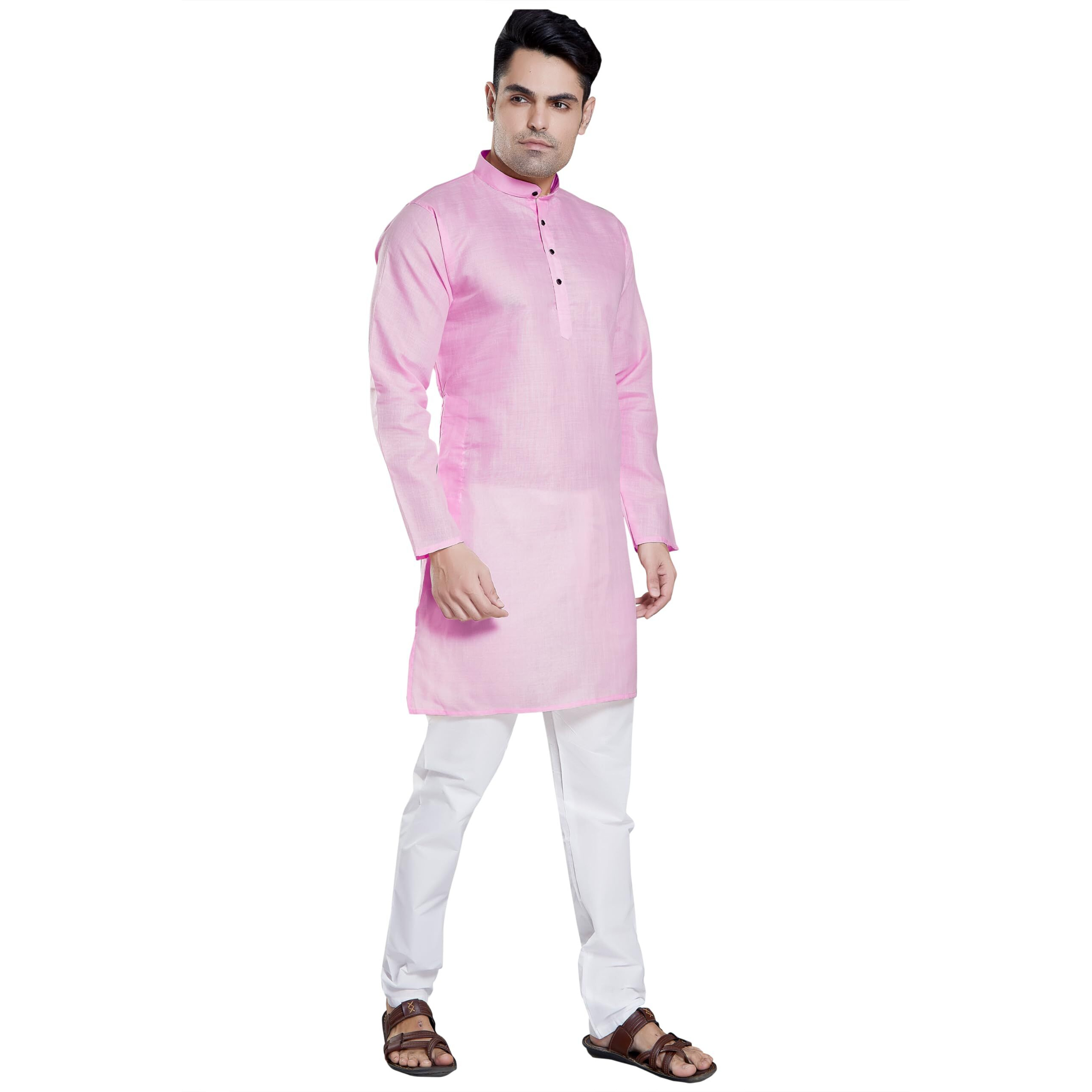 Divisive Men's Plain Cotton Blend Linen Slim Fit Kurta Pyjama Set (Dkrt64_M_Bright Pink)