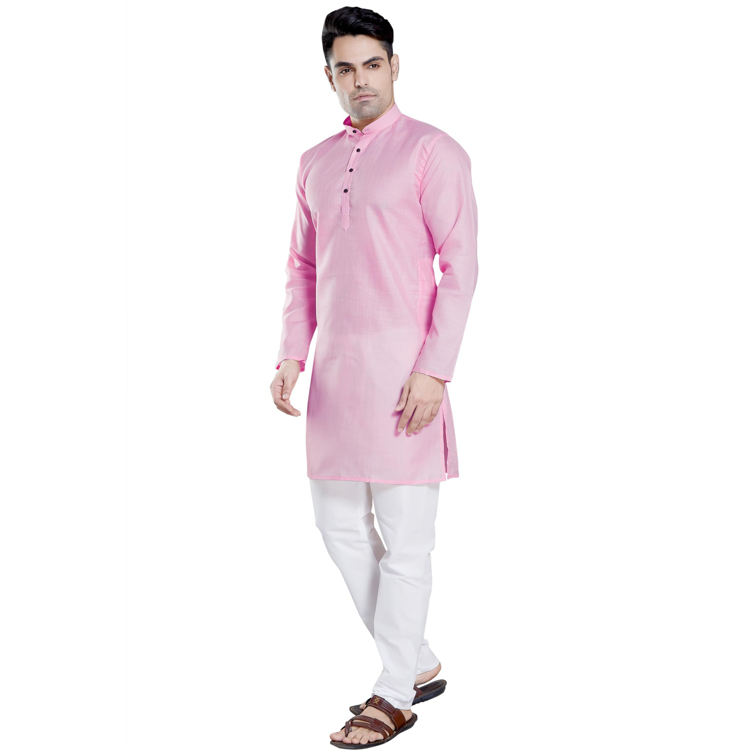 Divisive Men's Plain Cotton Blend Linen Slim Fit Kurta Pyjama Set (Dkrt64_M_Bright Pink)