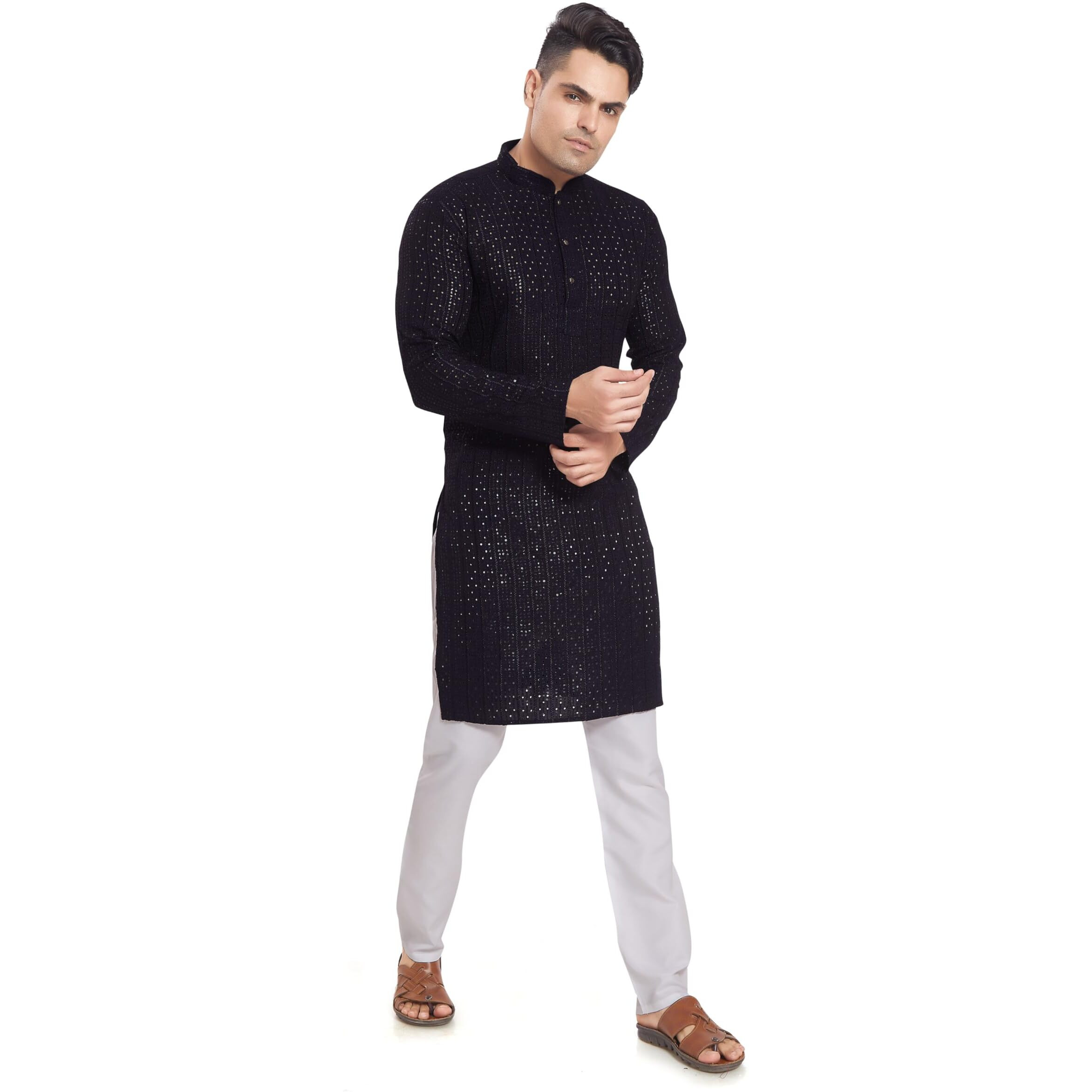 Divisive Men's Embroidered Cotton Blend Only Slim Fit Kurta (Dkrt372_L_Black)