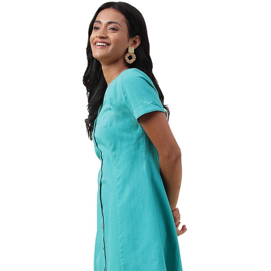 Fabindia Women's Teal Cotton Linen Straight Knee Length Dress 2115176Teal