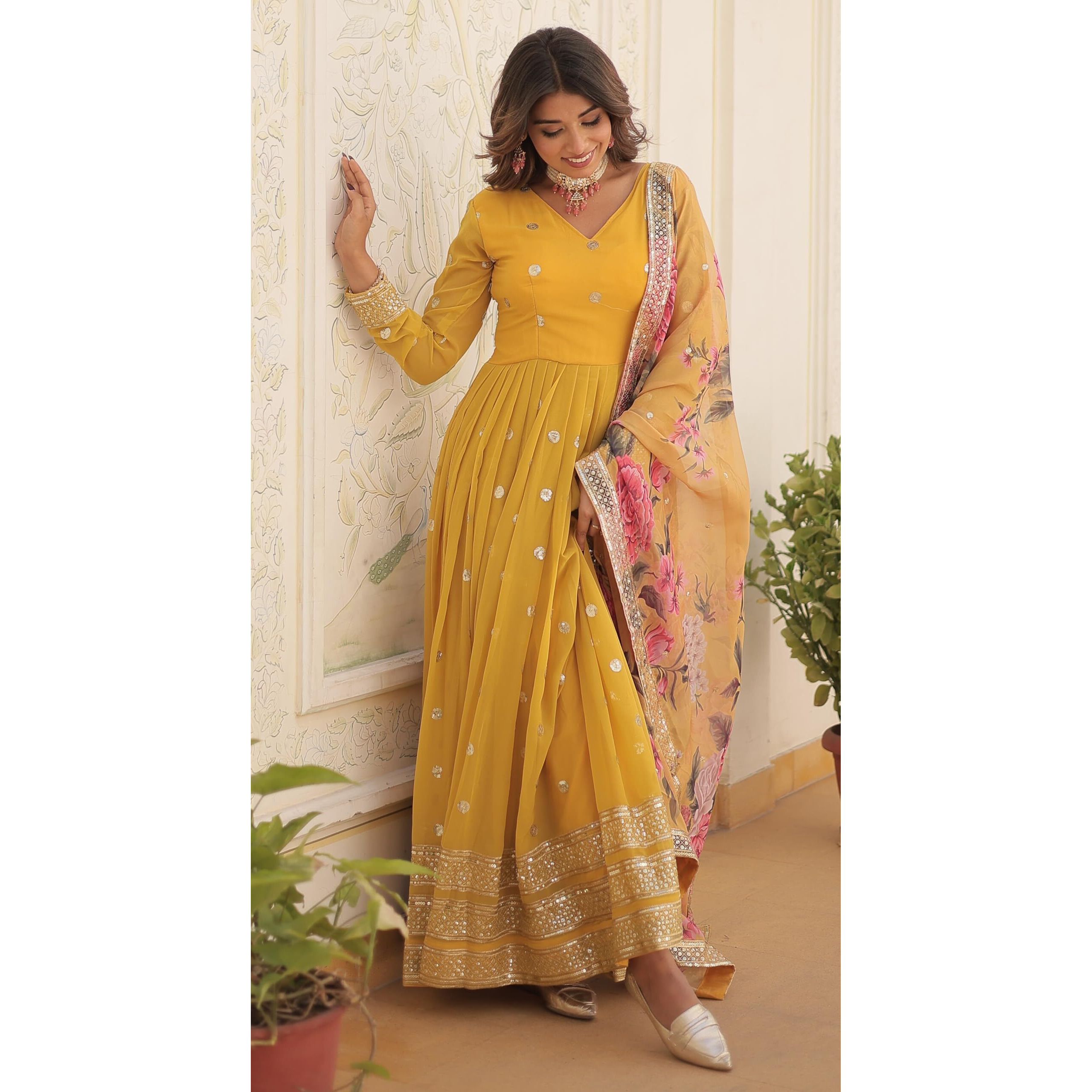 Fashion Basket Georgette Embroidered Anarkali Kurta Set For Women (In, Alpha, M, Regular, Yellow)