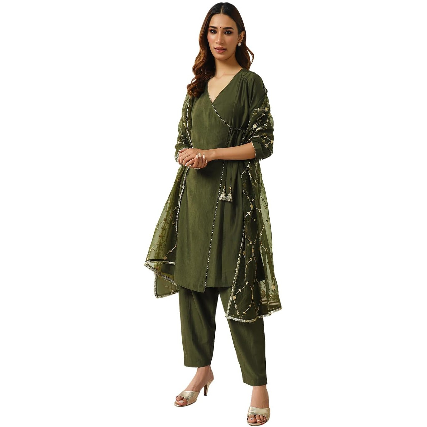 Fiorra Women's Green Silk Blend Angrakha Kurta With Pant And Dupatta Set0165