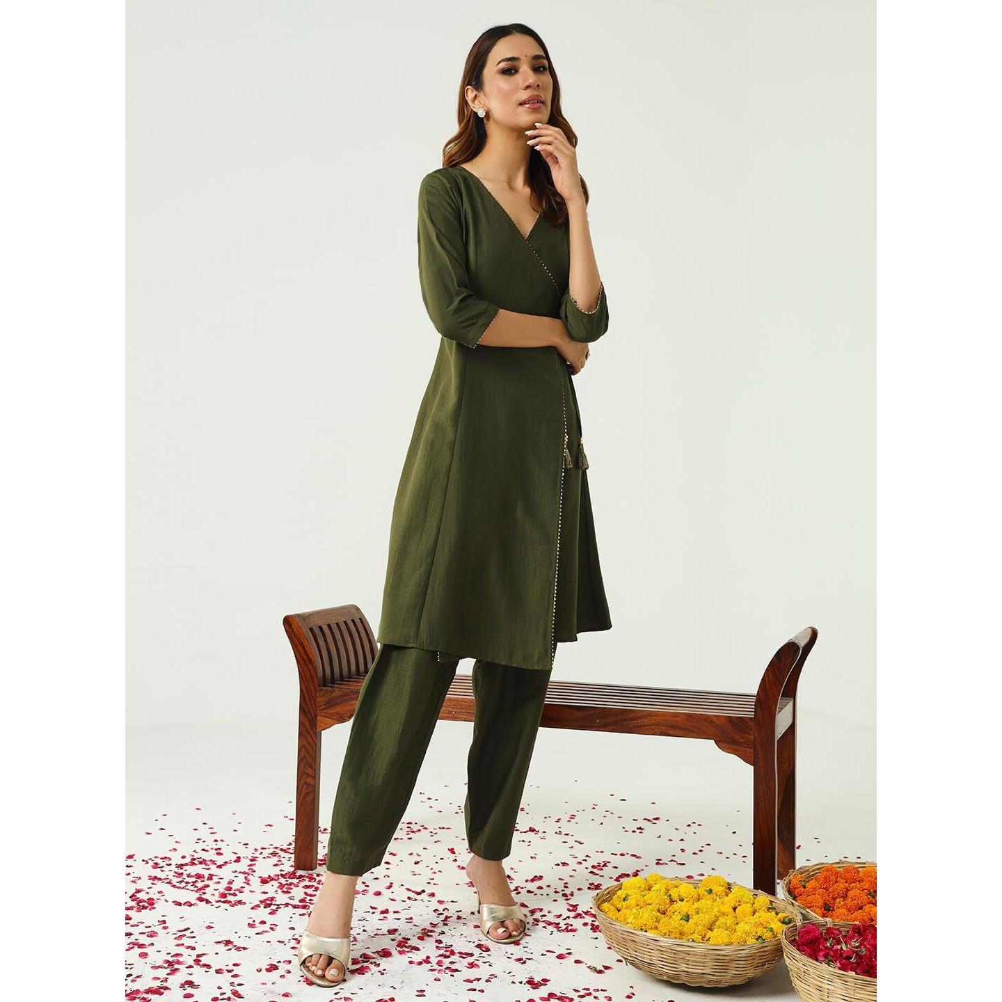 Fiorra Women's Green Silk Blend Angrakha Kurta With Pant And Dupatta Set0165