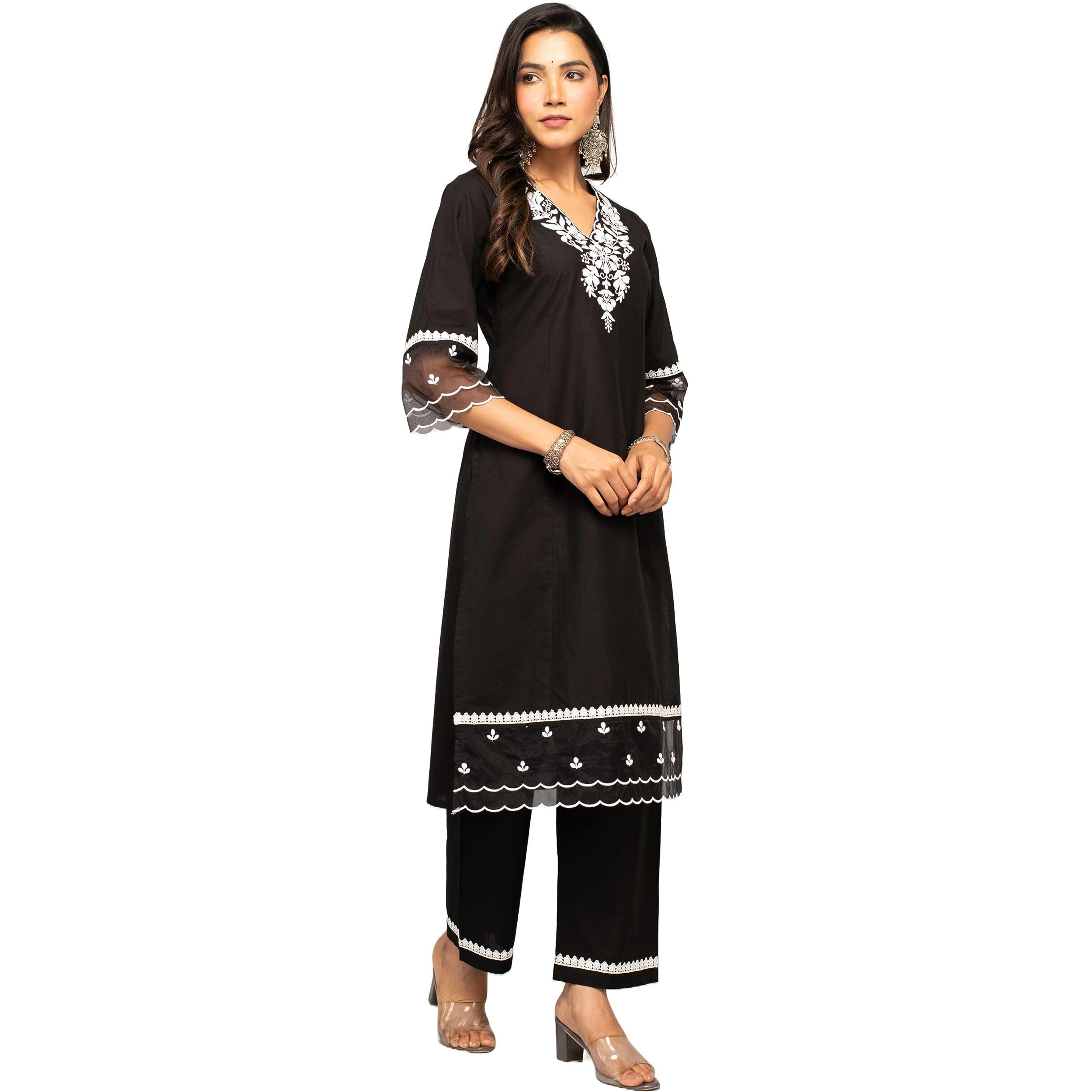 Fiorra Women's Balck Cotton Floral Embroidery Straight Kurta With Palazzo Set0106 Black
