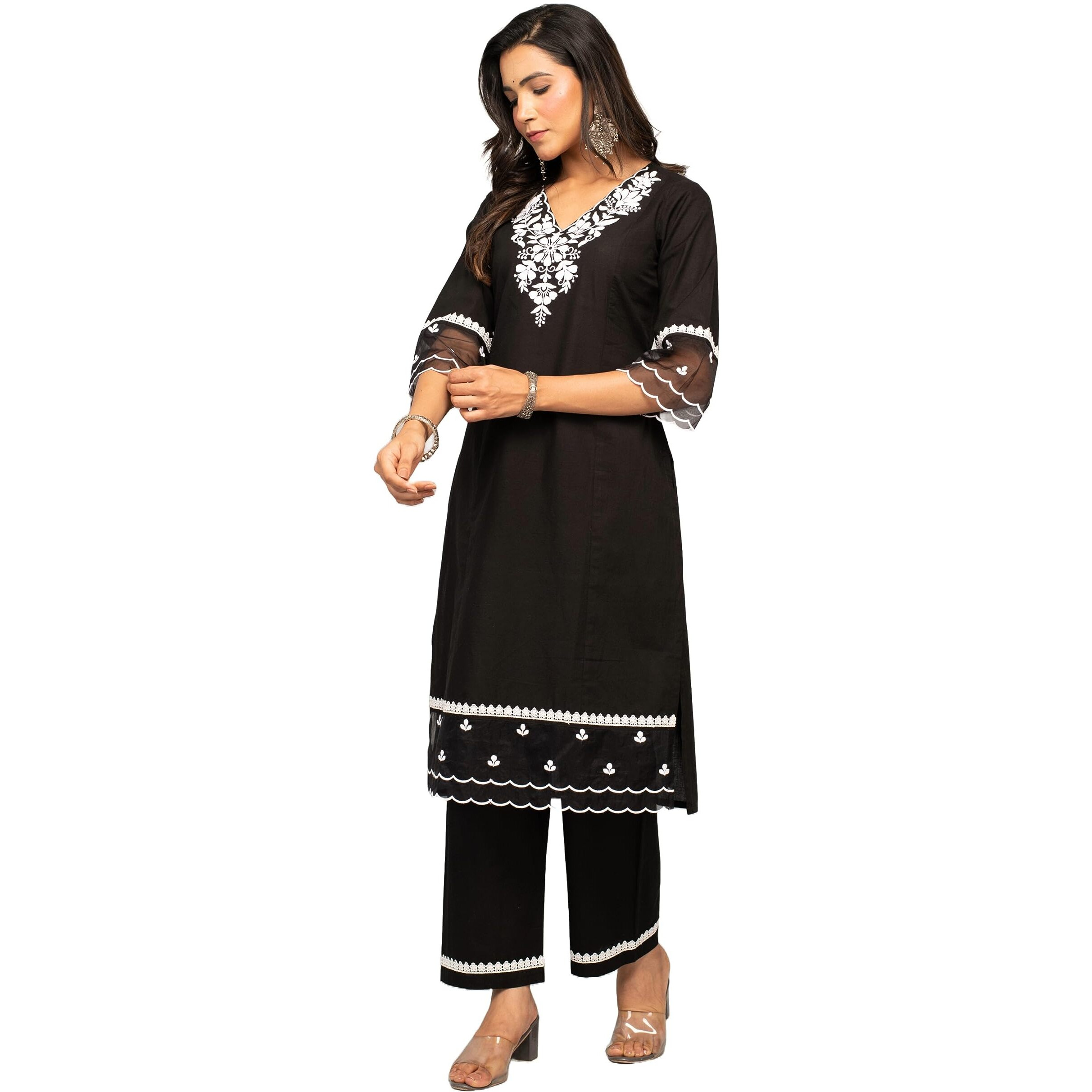 Fiorra Women's Balck Cotton Floral Embroidery Straight Kurta With Palazzo Set0106 Black