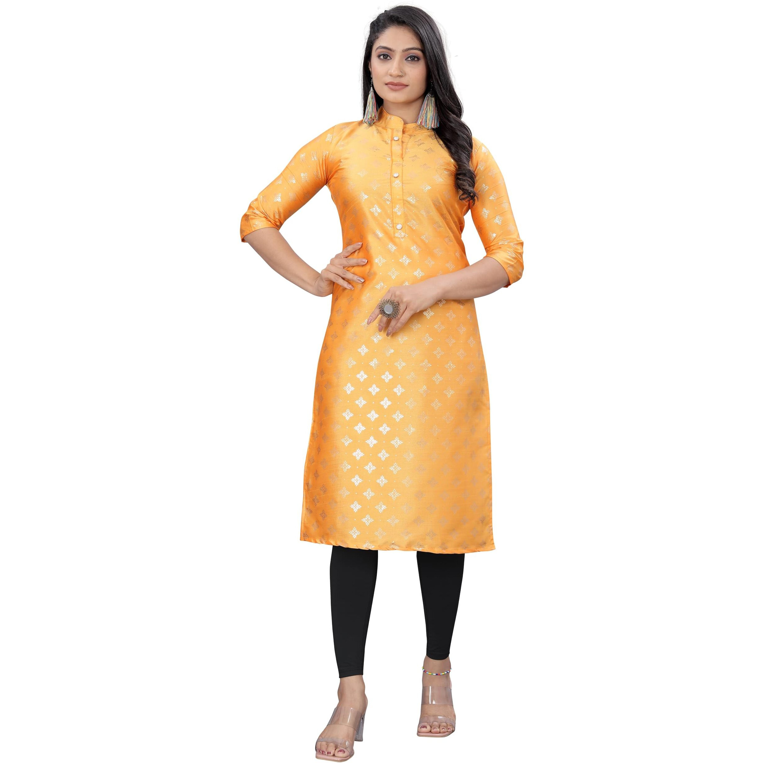 Gauri Laxmi Enterprise Women's Art Silk Blend Print Regular Regular Fit Kurti (Ld Foil Msd L_Mustard