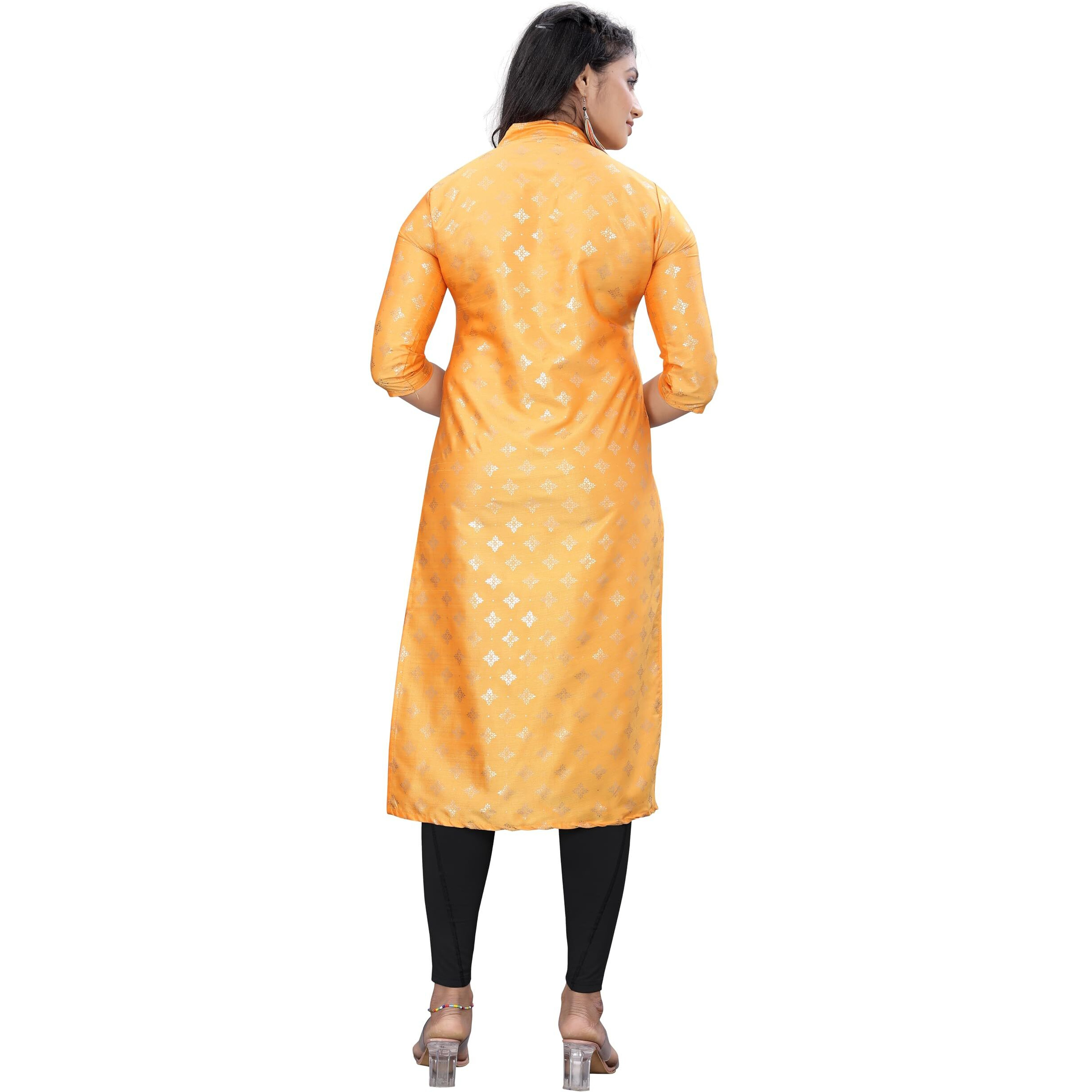 Gauri Laxmi Enterprise Women's Art Silk Blend Print Regular Regular Fit Kurti (Ld Foil Msd L_Mustard