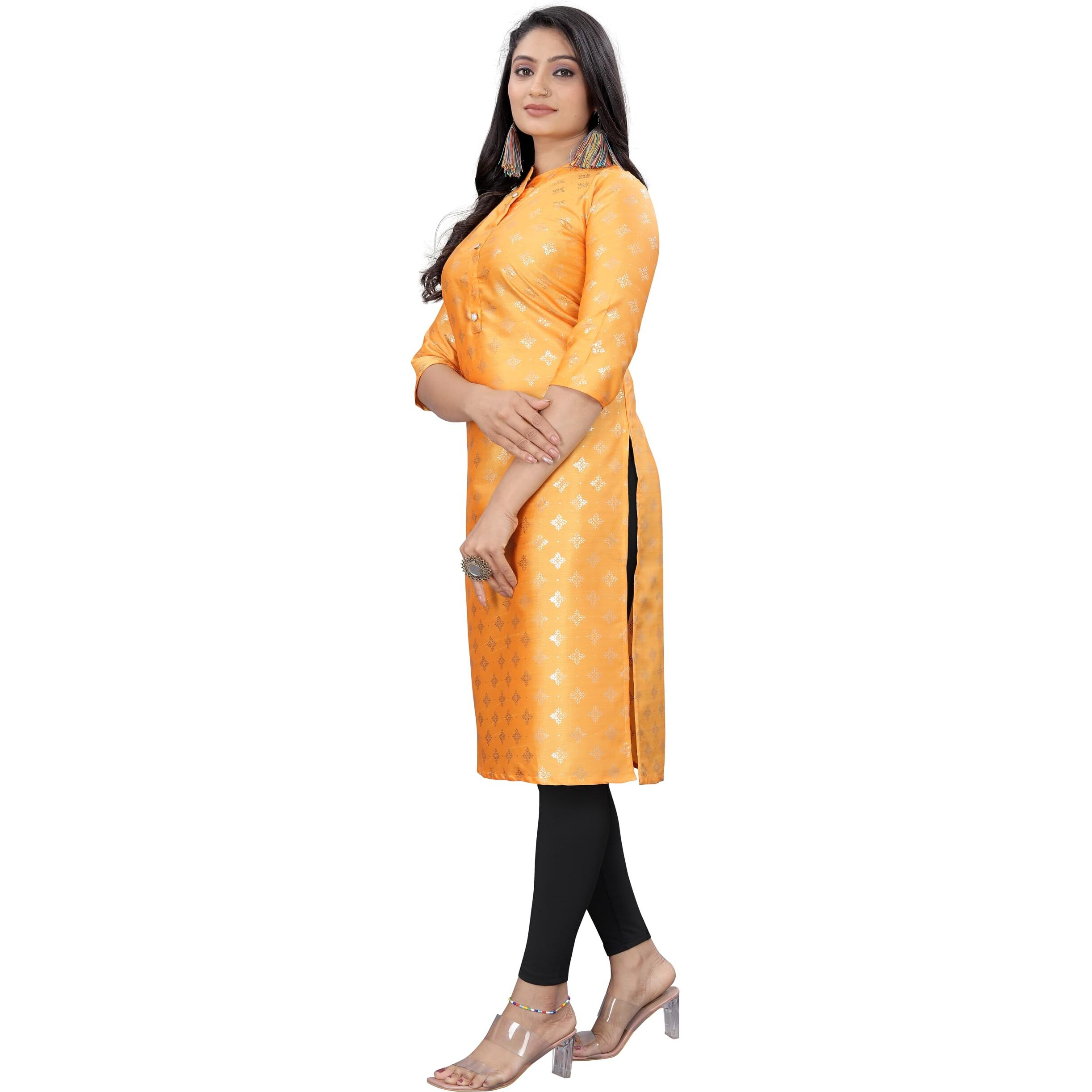 Gauri Laxmi Enterprise Women's Art Silk Blend Print Regular Regular Fit Kurti (Ld Foil Msd L_Mustard
