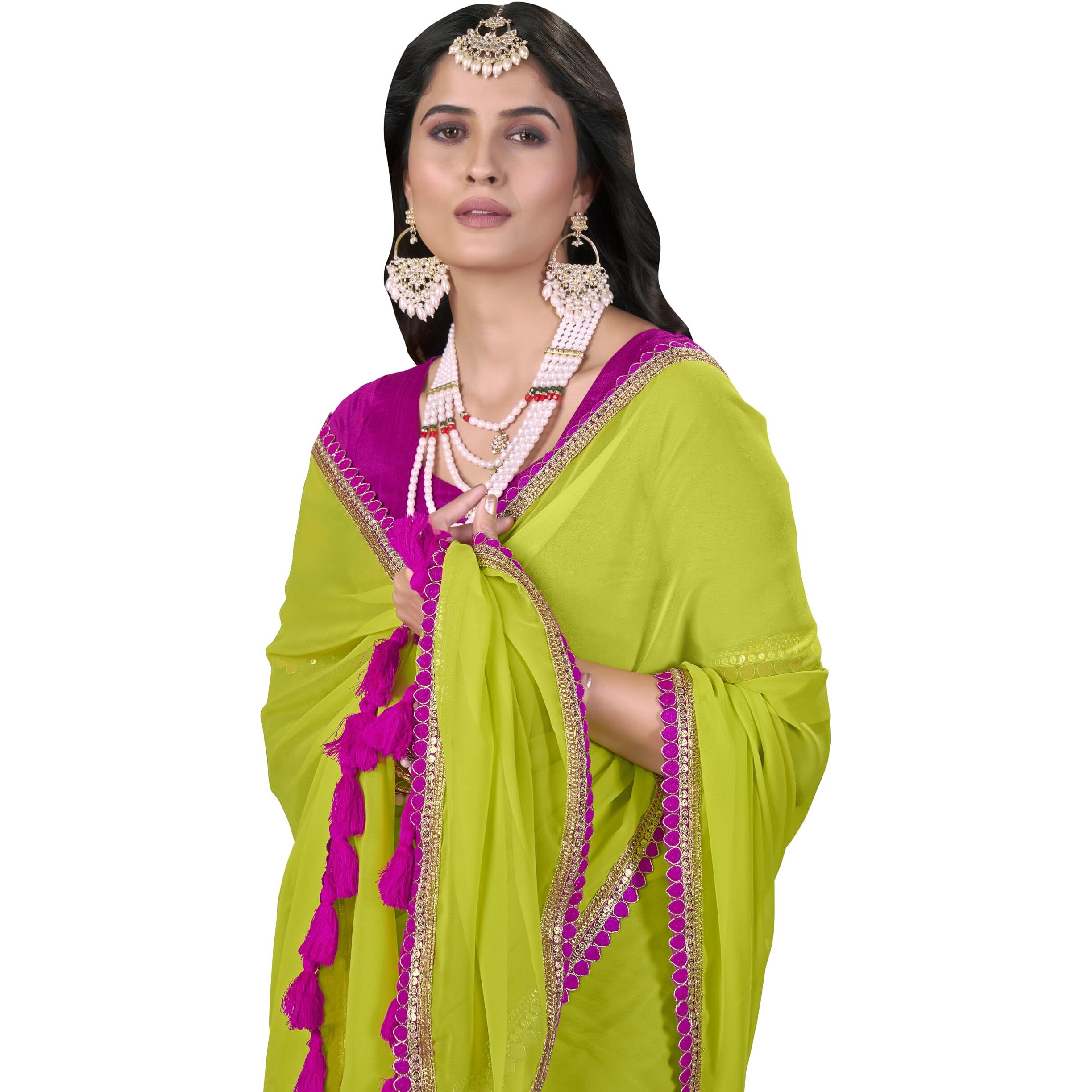 Glory Sarees Women's Georgette Pumpum Lace Border Saree With Blouse Piece (Pumpum_101_Green)