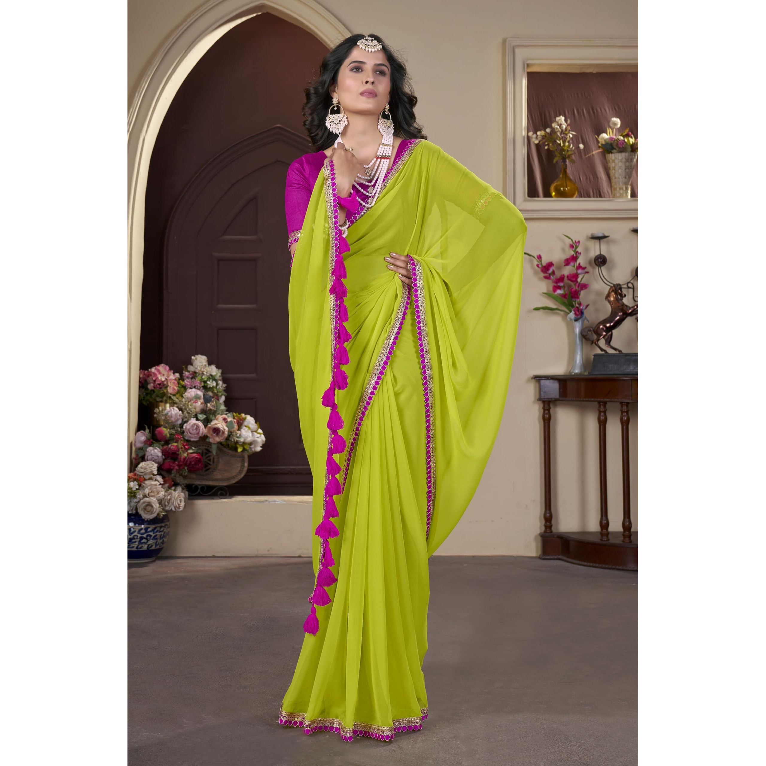 Glory Sarees Women's Georgette Pumpum Lace Border Saree With Blouse Piece (Pumpum_101_Green)