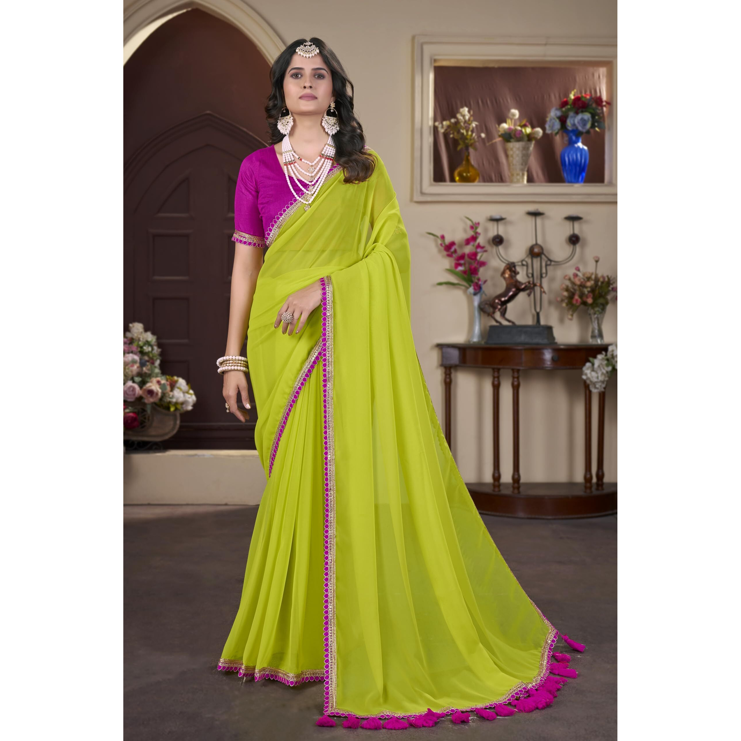Glory Sarees Women's Georgette Pumpum Lace Border Saree With Blouse Piece (Pumpum_101_Green)
