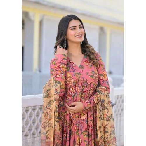 Greciilooks Women Rayon With Dupatta Floral Festive Kurta Set |Printed Regular Fit Kurta (Gl-K2747&P169&D106_Pink_L)