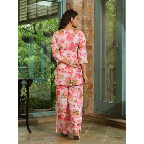 Greciilooks Women's Rayon Printed Regular Kurta Set (Gl-W2131&Tr1098_Pink_L)