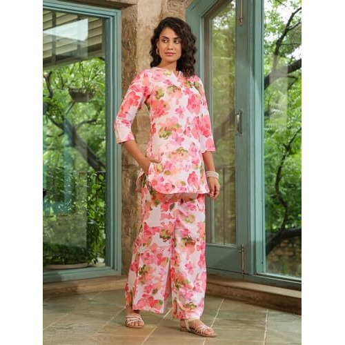 Greciilooks Women's Rayon Printed Regular Kurta Set (Gl-W2131&Tr1098_Pink_L)