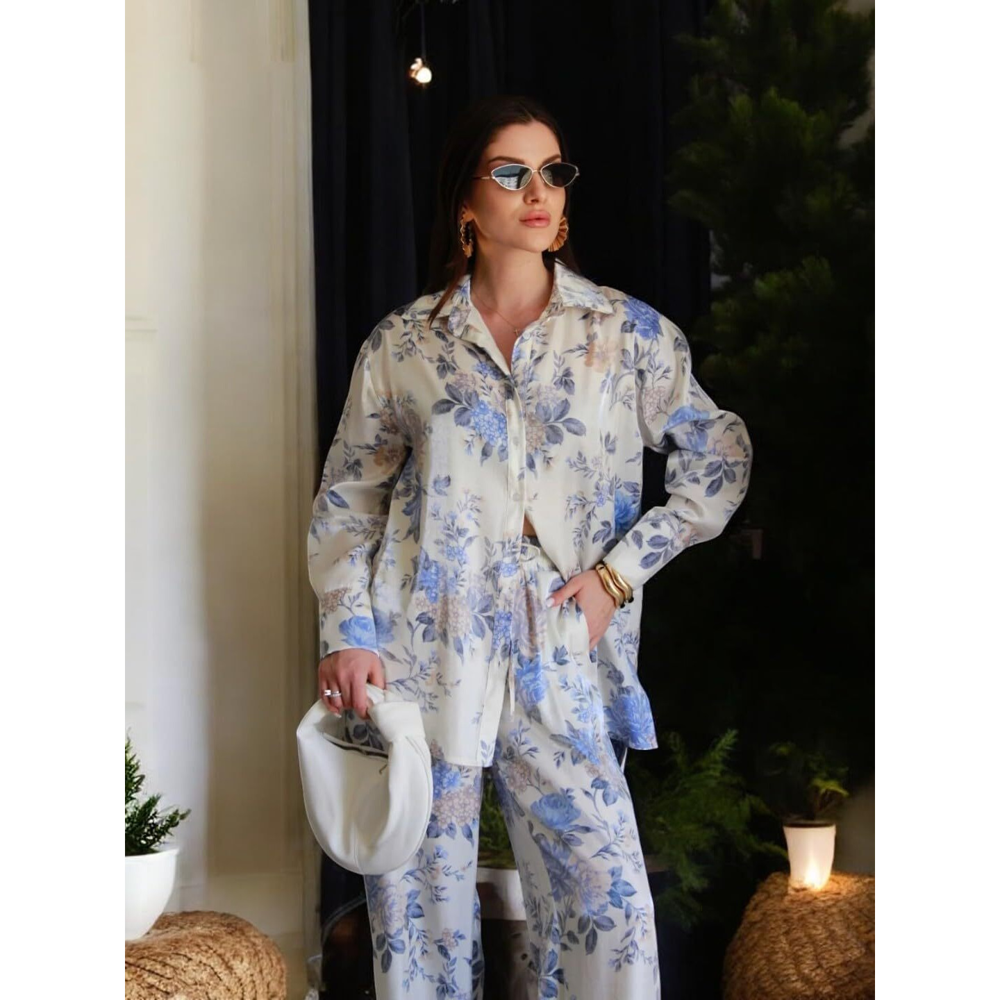 Gufrina Women's Co-Ords Set - Floral Print Shirt With Front Open Button And Wide-Leg Pants, Full Sleeves, Rayon Fabric (Sky Blue M)