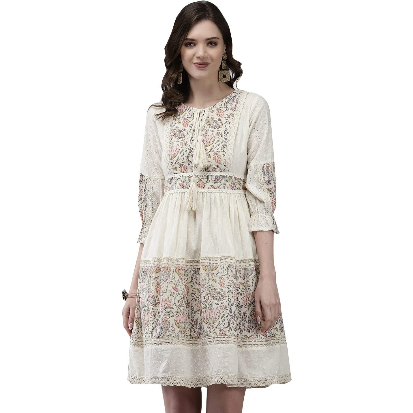 Ishin Women's Cotton Above Knee Length Embroidered A-Line Indo Western Dress Topknm-21027_S_Off White