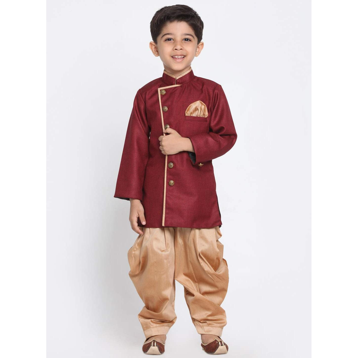 Jbn Creation Boys' Maroon And Rose Gold Cotton Blend Sherwani And Dhoti Pant Set_Jbnbciw124Mancdrg_24