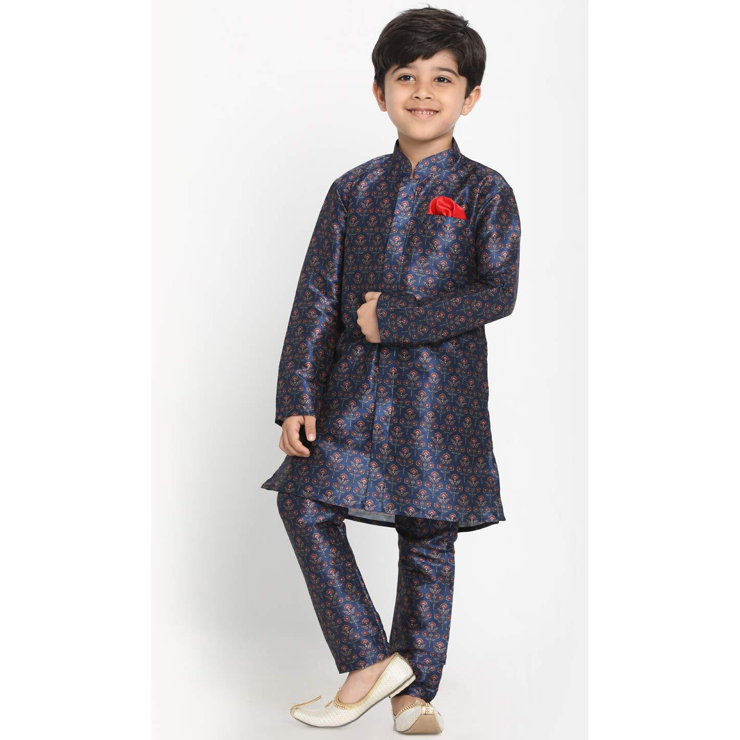 Jbn Creation Boys' Multicolor-Base-Blue Silk Blend Kurta And Pyjama Set_Jbnbkp001Nb_24
