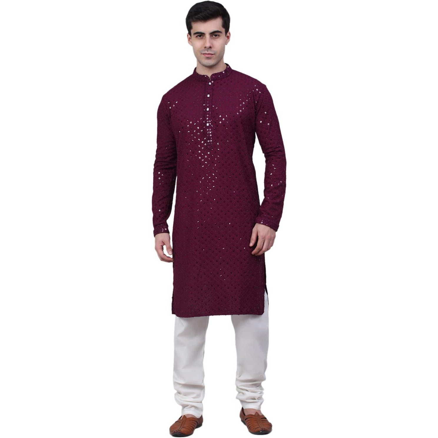 Jompers Men Chikankari Embroidered And Sequence Kurta With Churidar (Purple, S)