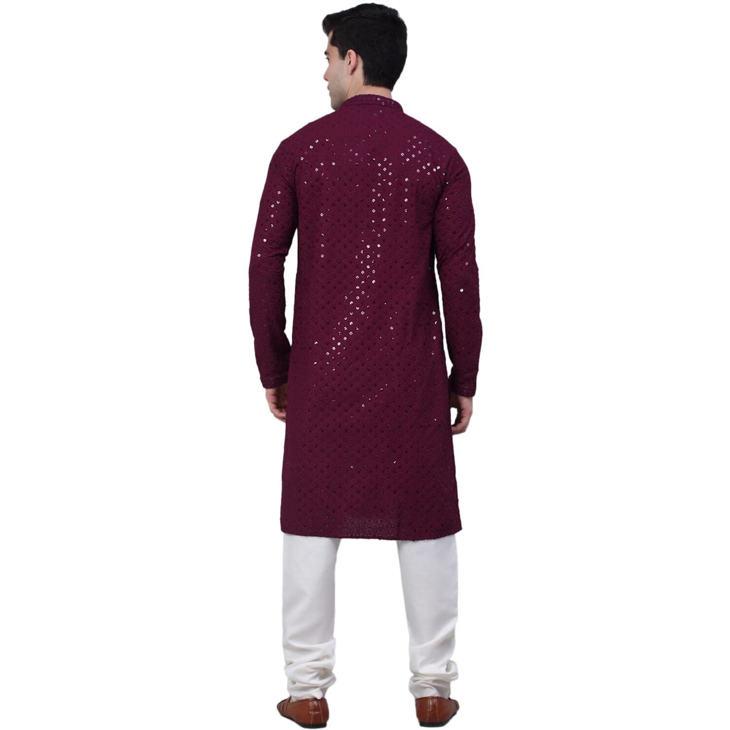 Jompers Men Chikankari Embroidered And Sequence Kurta With Churidar (Purple, S)