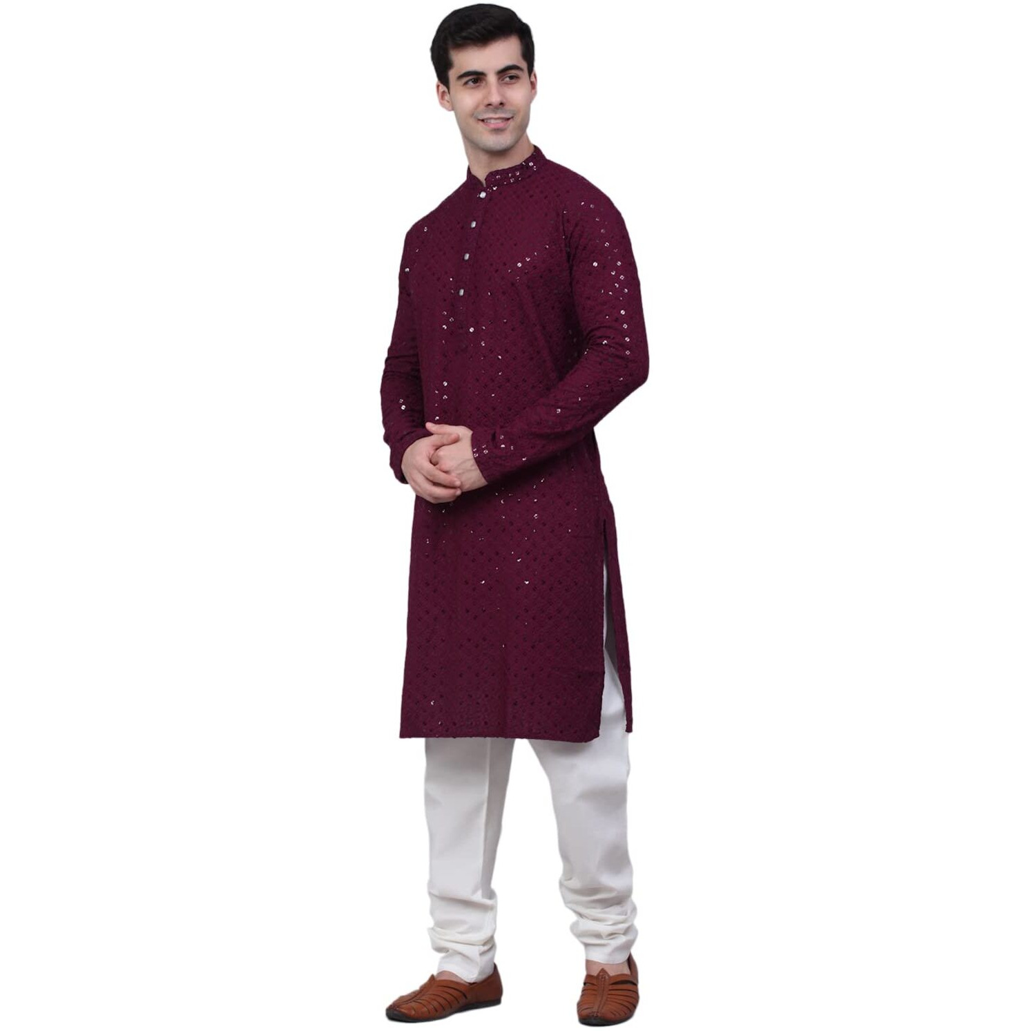 Jompers Men Chikankari Embroidered And Sequence Kurta With Churidar (Purple, S)