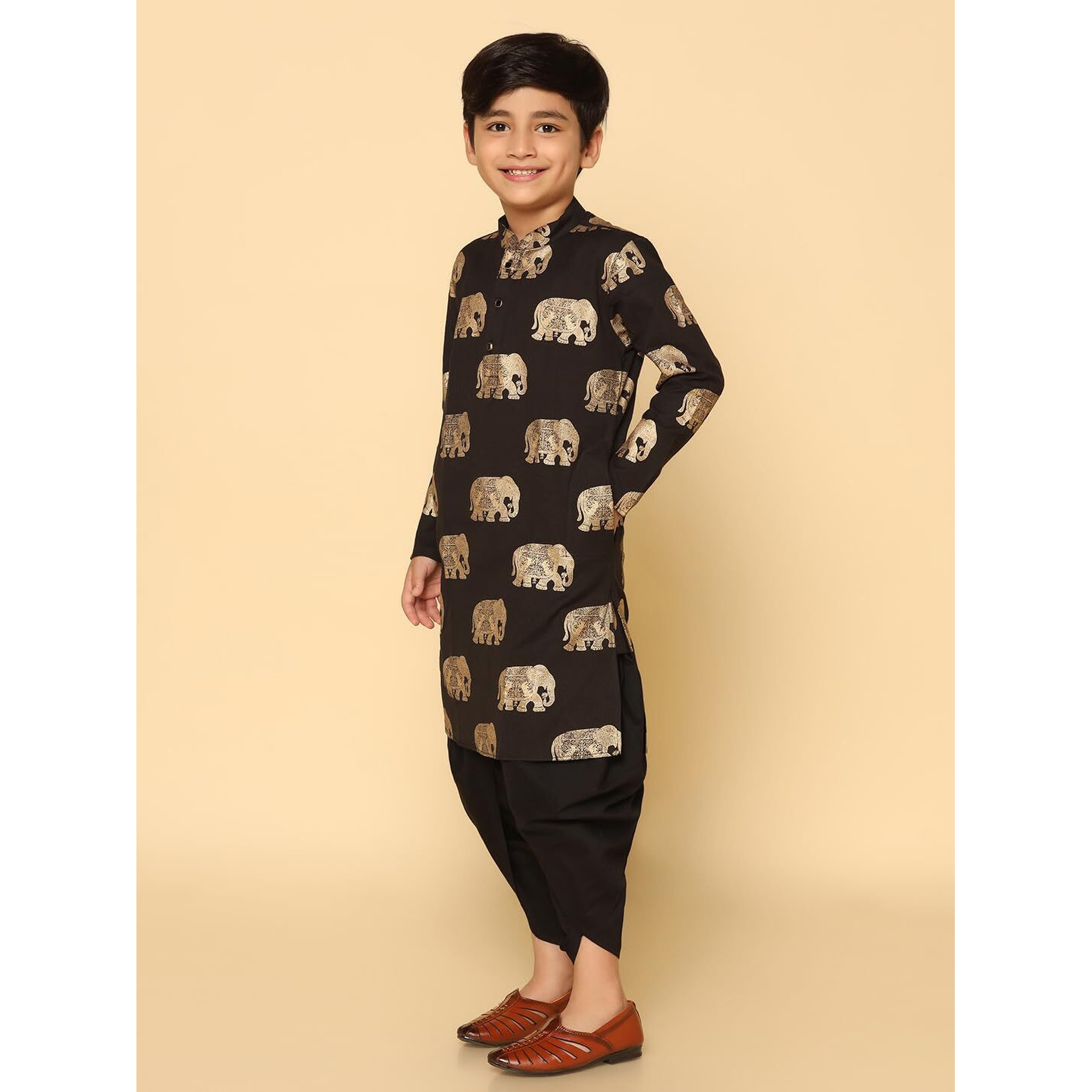 Kisah Kid's Full Sleeves Knee Length Cotton Blend Animal Print Black Kurta Dhoti Set (5-6Y)