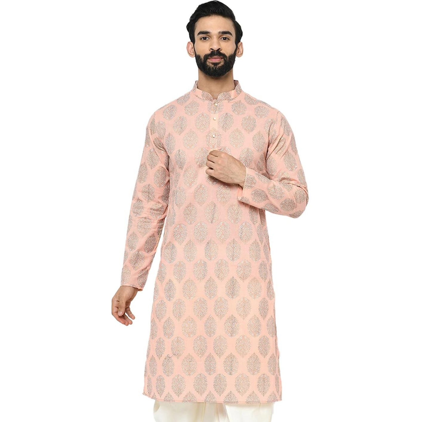 Kisah Mens Printed Cotton Blend Kurta - Traditional Ethnic Wear Kurta For Men For Weddings & Festivals, Peach, 44