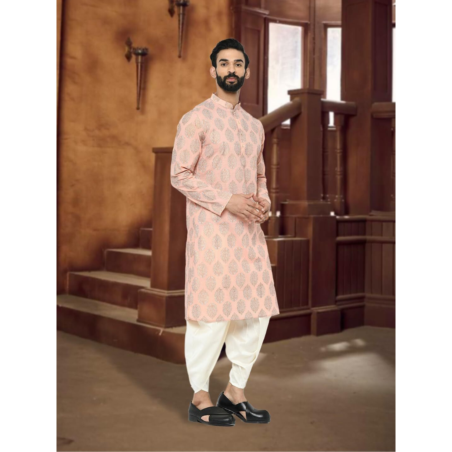 Kisah Mens Printed Cotton Blend Kurta - Traditional Ethnic Wear Kurta For Men For Weddings & Festivals, Peach, 44