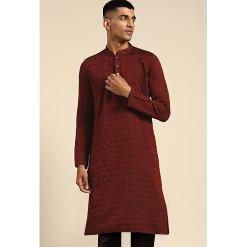 Kisah Mens Kurta, Silk Blend Jacquard Mandarin Collar Long Sleeves, Maroon Ethnic Wear For Men, 42