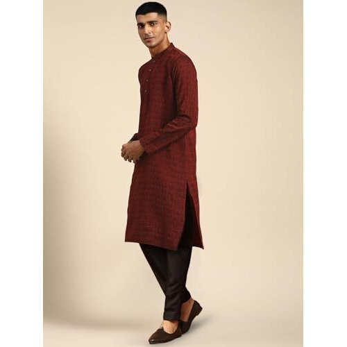 Kisah Mens Kurta, Silk Blend Jacquard Mandarin Collar Long Sleeves, Maroon Ethnic Wear For Men, 42