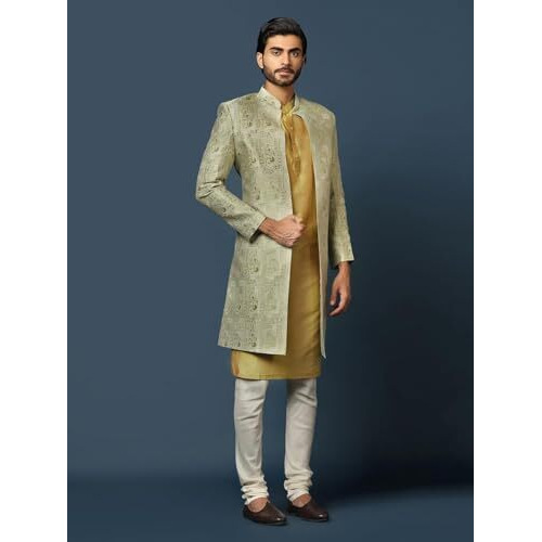 Kisah Men's Beige And Golden Indo-Western Kurta Sherwani Churidar Set Cotton Full Sleaves, Knee Length, Straight, Regular Fit, Mandarin Collar Ethnic Wear
