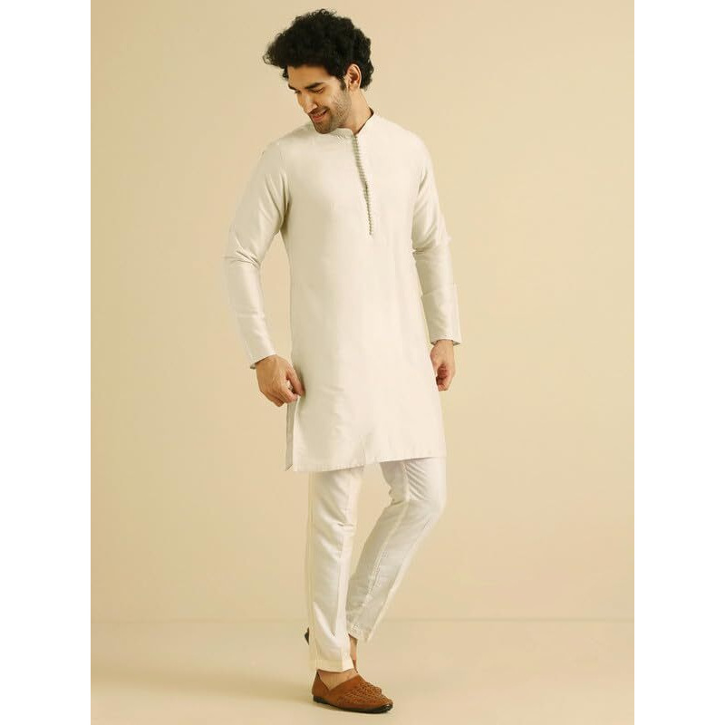 Kisah Men's Mid Kurta, Off White Cotton Blend, Solid Regular Fit Mandarin Collar Long Sleeves (40)