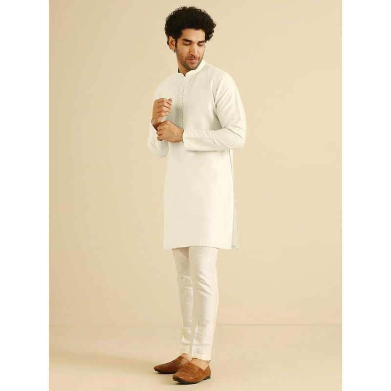 Kisah Men's Mid Kurta, Off White Cotton Blend, Solid Regular Fit Mandarin Collar Long Sleeves (40)