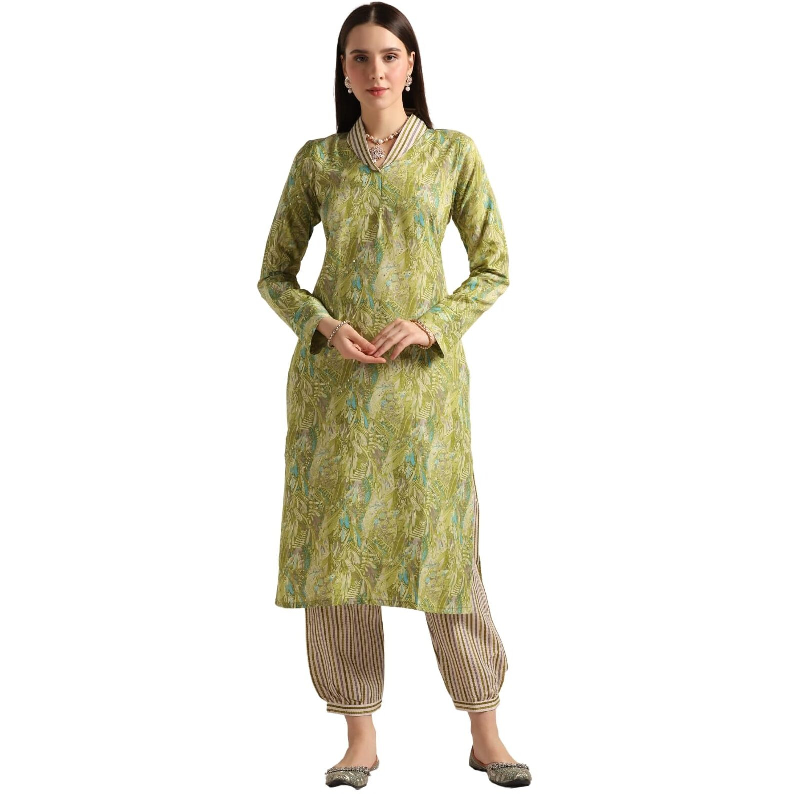 Leriya Fashion Cotton Blend Floral Foil Printed Indian Ethnic Kurta With Pant Set For Women Fancy Patiyala Pant Set For Traditional Ceremony Party Office Wear Kurti Set (Large, Green)