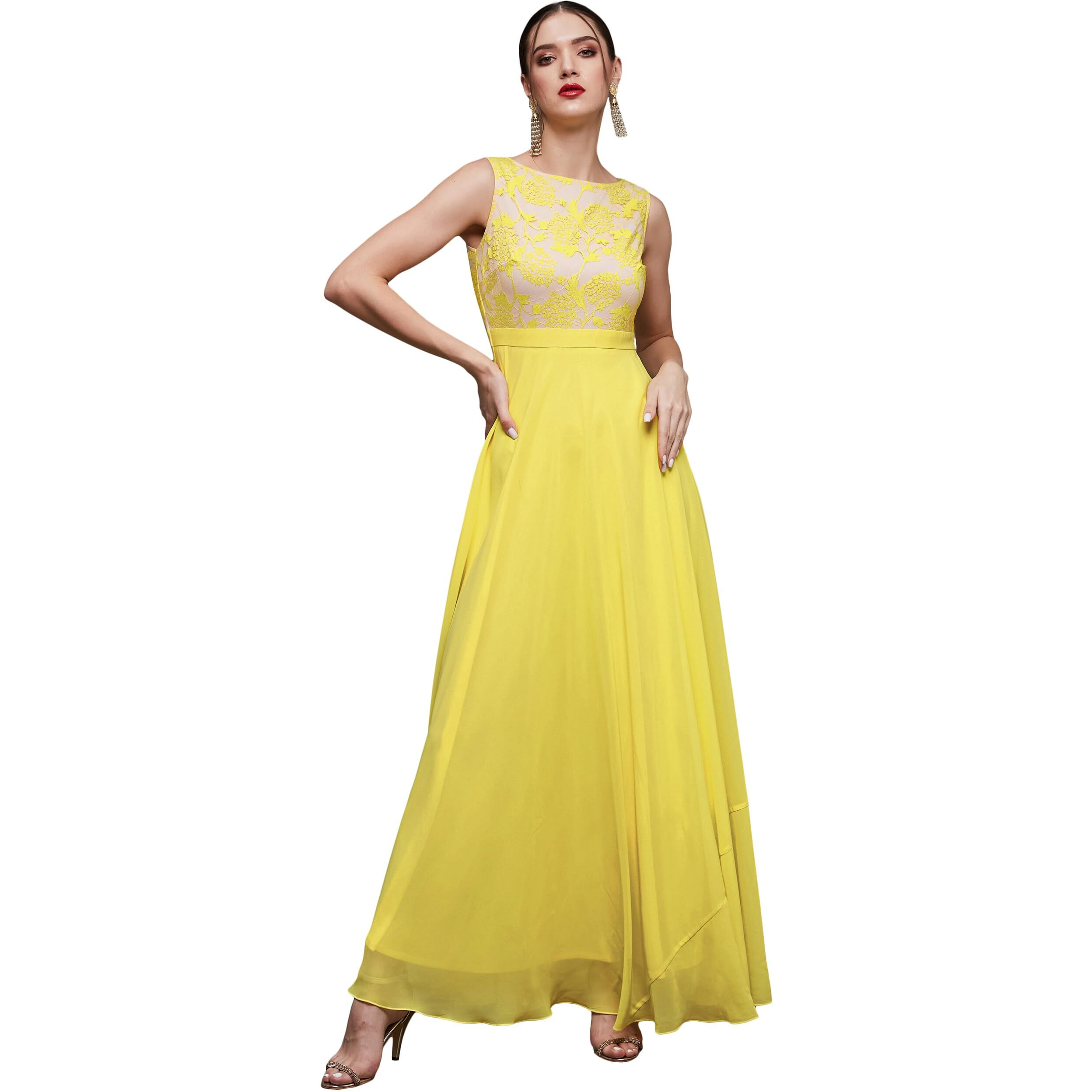 Miss Chase Women's Round Neck Sleeveless Georgette Floral Lace Fit & Flare Maxi Dress Light Yellow