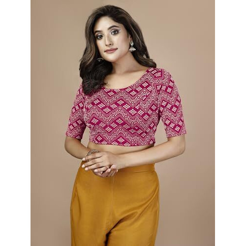 Oomph Stretchable Readymade Blouse For Women, Pink, Round Neck-Rbbl559Xxl